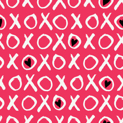 Hand Written Valentine's Day Typography vector seamless pattern. Hand Drawn Doodle Hearts and Word XOXO. Graffity