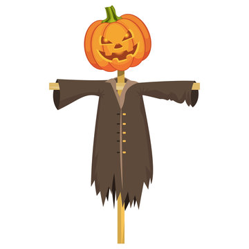 Halloween scarecrow with the pumpkin lantern head. Vector illustration
