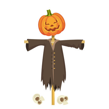 Halloween scarecrow with the pumpkin lantern head and the skulls. Vector illustration