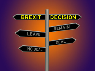 Brexit decision concept 3d sign on a signpost against a purple and orange radial gradient background