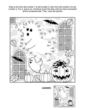 Connect the dots picture puzzle and coloring page - Halloween spooky ghost in a castle, pumpkins, bats, Jack-o-lantern. Answer included.