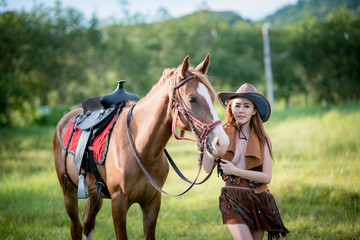girl ride horse in farm