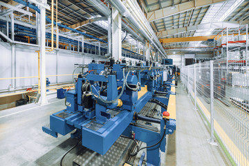 CNC Roller forming machine. The interior of the plant producing a metal profile.