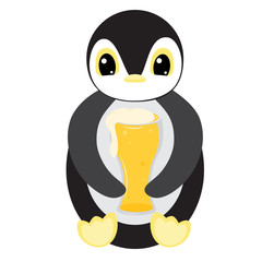 Penguin with beer. Oktoberfest animal. Element for logo, game, print, poster or other design project. Vector illustration.