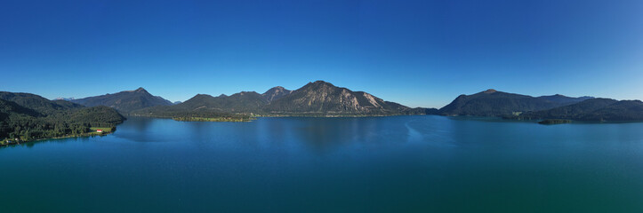 Aerial view. Beautiful panorama of lake Walchensee, Bavaria Germany. Flying on drone.
