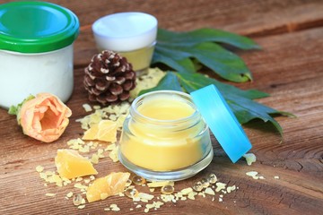 Homemade natural lip balm. Made from beeswax, sheabutter, olive and coconut oil mixed together.