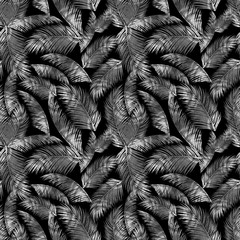 Watercolor textured tropical leaves of light gray and dark gray colors drawn on a dark background