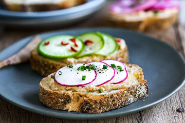 Hummus and colourful Radishes with Chili Bruschetta