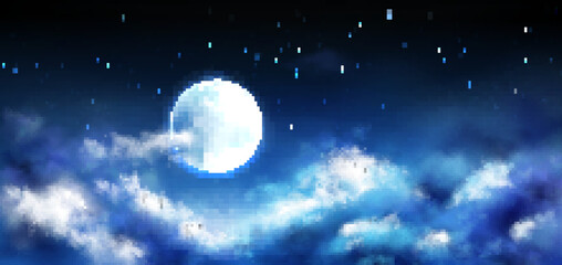 Full moon in night sky with stars and clouds. Starry heaven with moonlight romantic fantasy landscape, natural cloudscape scene background, midnight time, space view. Realistic 3d vector illustration