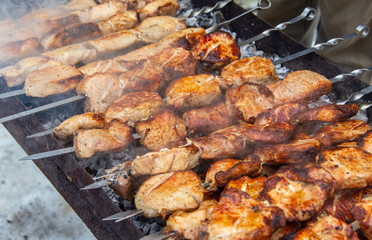 Barbecue skewers grilled on charcoal