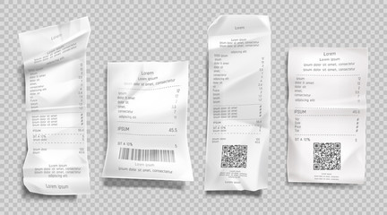 Receipt invoice, paper bills with qr code and barcode for scan set isolated on transparent background. Supermarket shopping retail check and total cost payment blank. Realistic 3d vector illustration