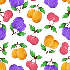 Juicy fruit seamless pattern on white background. Vector colorful plum, cherry and apricot endless background.