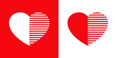 Logotipo con corazón dividido con líneas horizontales en rojo y blanco