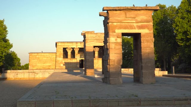 Timelapse over Egyptian Temple of Debod in Madrid, Spain with shadows moving at sunrise