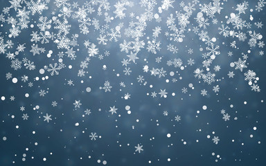 Christmas snow. Falling snowflakes on blue background. Snowfall. Vector illustration