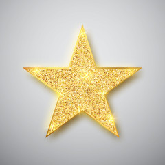 Obraz premium Gold shiny glitter glowing star with shadow isolated on gray background. Vector illustration