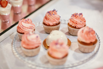 Set of different delicious tasty muffins on festive background. Different dessert tartlets with decorated cream. Selective focus. Candy bar concept