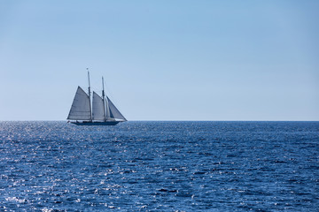Fototapeta premium Sailboat on the horizon, blue sailboat on the sea. Concept for sport and vacation.