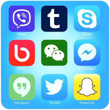 Set of popular social networking applications on iPhone display, printed on paper. Include Twitter, Skype, Viber, Tumblr and other.