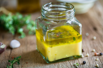 Homemade Lemon Vinaigrette with Thyme in a glass jar