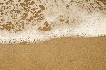 sea water and foam on the sandy shore. Space for text