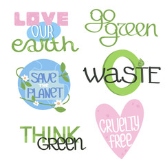 Set of ecology stickers with slogans - zero waste, go green, save planet, cruelty free, think green, love our earth. Flat colorful vector illustration