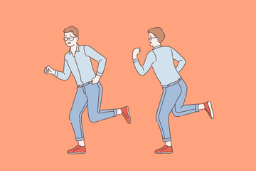 Business, manager, rush, pursuit set concept. Concerned clerk in the office in a hurry to fulfill their obligations. Punctual worker. Simple flat vector.