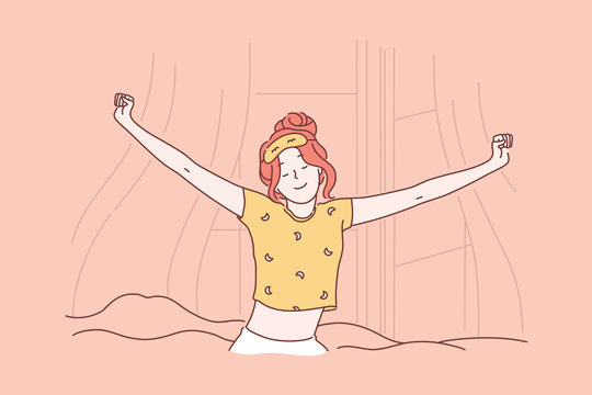 Wake Up, New Day, Bedroom, Comfort Concept. Happy Sleepy Young Woman Or Girl In A Great Mood Sipping Hands Gets Out. Sweet Smiling Lady Enjoys The Early Sunshine. Simple Flat Vector.