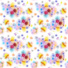 Fototapeta na wymiar Seamless floral pattern with bouquets of garden flowers, hearts and colorful spots in watercolor style. Summer print for fabric.