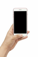 Man holding smartphone with blank screen on white background, closeup of hand. Space for text, hand, isolated male hand holding the phone tablet touch computer gadget with isolated display.