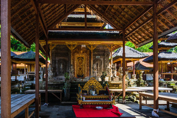 View of the most famous temple in Bali. Pura Taman Saraswati temple also known as Lotus temple. Pura Taman Saraswati temple interior. Bali, Indonezia, 2019.
