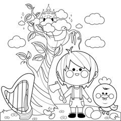 Jack and the magic beanstalk. Vector black and white coloring page