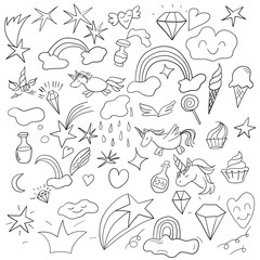 set of vector doodles unicorns, crystals, rainbow
