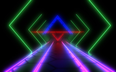 abstract architecture tunnel with neon light. 3d illustrationA