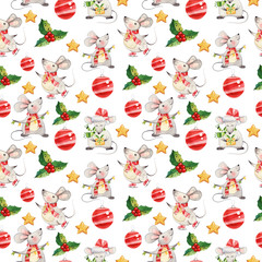 Watercolor handpainted seamless pattern with cute rats and christmas decor. Best for christmas design, greeting cards, wrapping paper, invitation, wallpaper, textile, new year decoration.