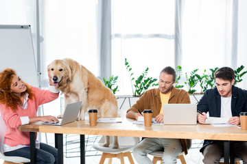 two friends working and attractive woman stroking cute golden retriever