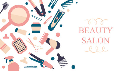 Vector card for hair salon. Hair instruments and elements on white background