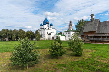 Fototapeta na wymiar Panoramic view of The Suzdal Kremlin in Suzdal, Russia. The Golden Ring of Russia