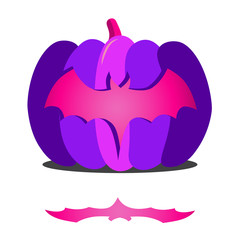 Violet pumpkin with a bat. Halloween element. Drawing for menu, catalog, restaurant, cartoon, game, kitchen. Vector illustration