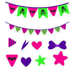 Set halloween decoration in trend colors. Holiday element. Drawing for menu, catalog, restaurant, cartoon, game, kitchen. Vector illustration