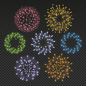 Set of shiny lights color fireworks on starry sky background for Your holiday design