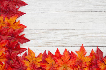Red and orange fall leaves on weathered whitewash wood textured background