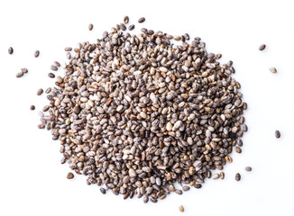 Heap of Chia seeds isolated on white background. Top view.