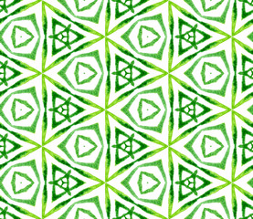 Green geometric foliage seamless pattern. Hand dra