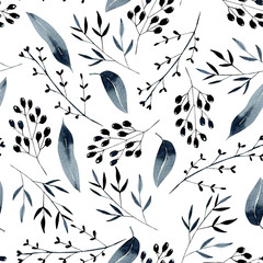 Seamless floral pattern with watercolor blue branches, berries and leaves, hand drawn on a white background