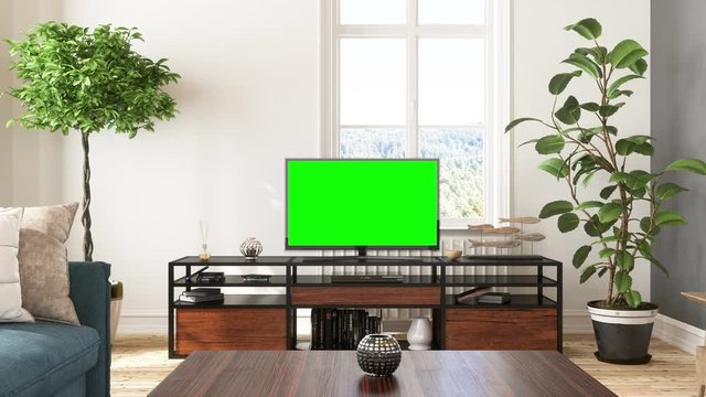 Interior of living room with TV and sofa with  track green screen