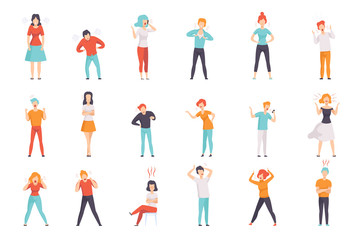 Casually dressed furious young women set, emotional people in rage vector Illustrations on a white background