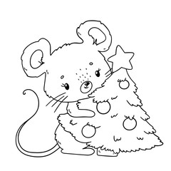 Cute cartoon christmas mouse. Coloring book page for children