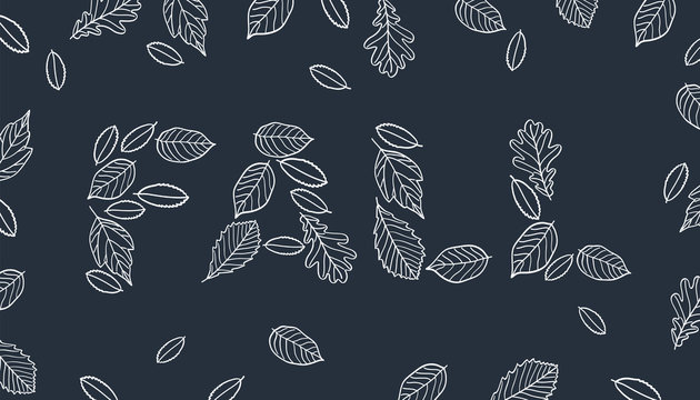 Fall background. Autumn leaves of different trees are drawn with chalk on black chalkboard. Vector illustration.
