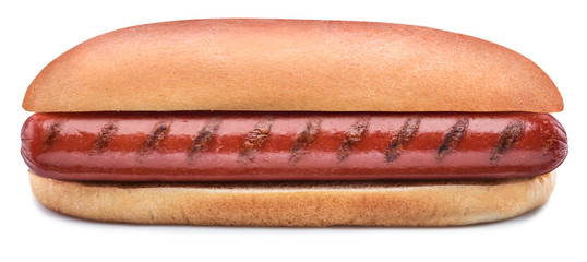 Hot dog - grilled sausage in a bun isolated on white background.